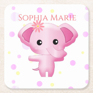 Cute Little Pink Baby Girl Elephant Square Paper Coaster