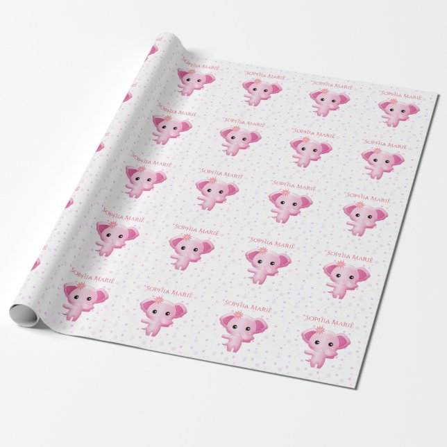 Cute Little Pink Baby Girl Elephant Wrapping Paper (Unrolled)