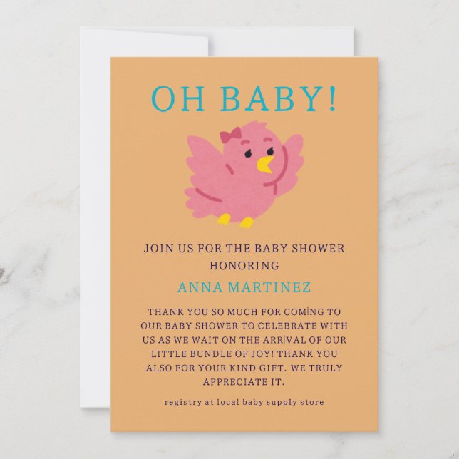 Cute Little Pink Bird Theme Girl Baby Shower  Invitation (Front)