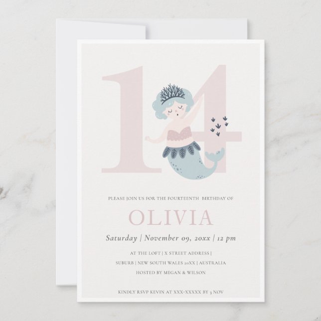 Cute Little Pink Blue Mermaid 14th Birthday Invite (Front)