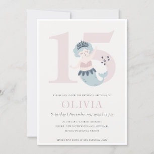 Cute Little Pink Blue Mermaid 15th Birthday Invite