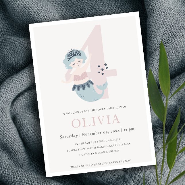 Cute Little Pink Blue Mermaid 4th Birthday Invite (Creator Uploaded)