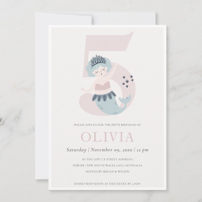 Cute Little Pink Blue Mermaid 5th Birthday Invite (Front)