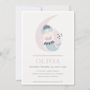 Cute Little Pink Blue Mermaid 6th Birthday Invite