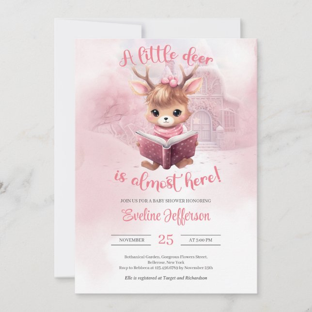 Cute little pink deer reading a book winter forest invitation (Front)