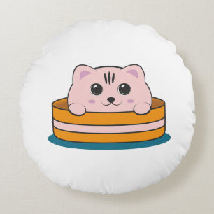 CUTE LITTLE PINK KITTEN IN A BROWN BOWL ROUND CUSHION