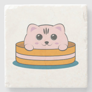 CUTE LITTLE PINK KITTEN IN A BROWN BOWL STONE COASTER