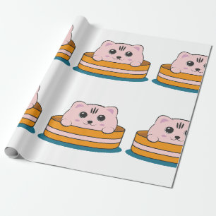 CUTE LITTLE PINK KITTEN IN A BROWN BOWL WRAPPING PAPER