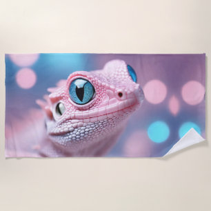 Cute Little Pink Lizard with Big Blue Eyes Beach Towel