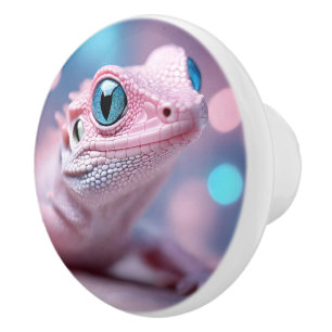 Cute Little Pink Lizard with Big Blue Eyes Ceramic Knob