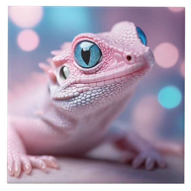 Cute Little Pink Lizard with Big Blue Eyes Ceramic Tile (Front)