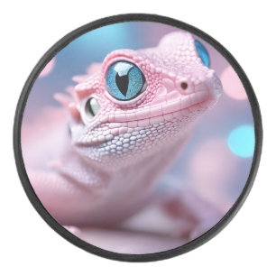 Cute Little Pink Lizard with Big Blue Eyes Hockey Puck