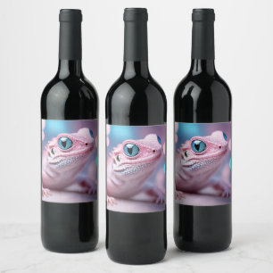 Cute Little Pink Lizard with Big Blue Eyes Wine Label