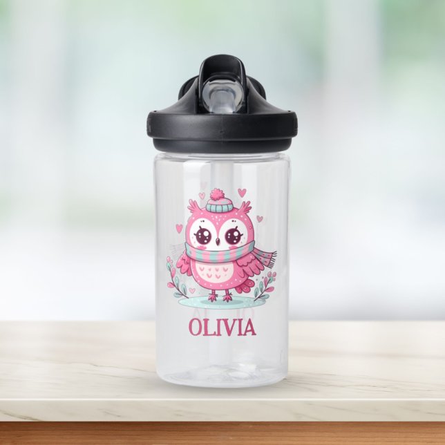 Cute Little Pink Owl Wearing Scarf and Hood Water Bottle (Creator Uploaded)