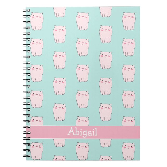 Cute Little Pink Pigs - Aqua Green Kids Notebook (Front)