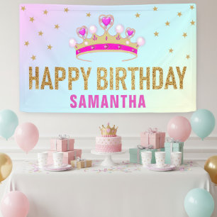 Cute Little Pink Princess Crown Birthday Party Banner