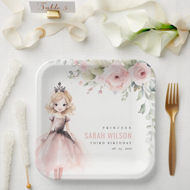 Cute Little Pink Princess Rose Floral Birthday Paper Plate (Wedding)