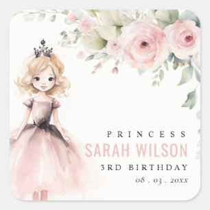 Cute Little Pink Princess Rose Floral Birthday Square Sticker