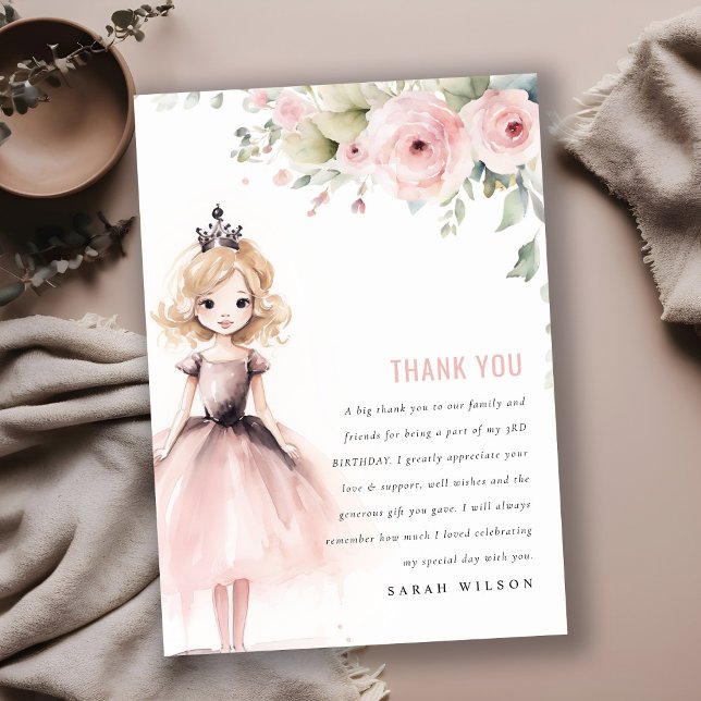 Cute Little Pink Princess Rose Floral Birthday Thank You Card (Creator Uploaded)
