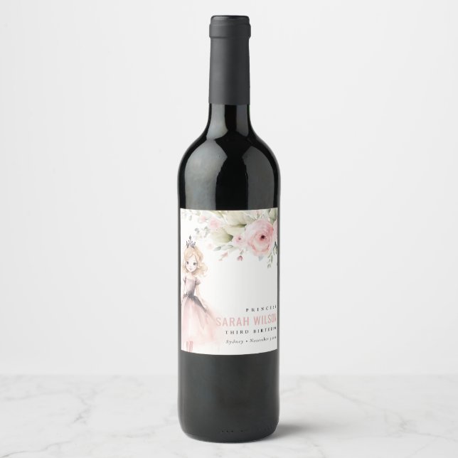 Cute Little Pink Princess Rose Floral Birthday Wine Label (Front)