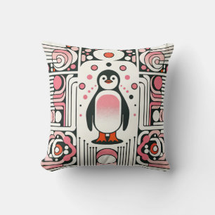 Cute Little Pink Salmon Penguin in Retro 60s Cushion