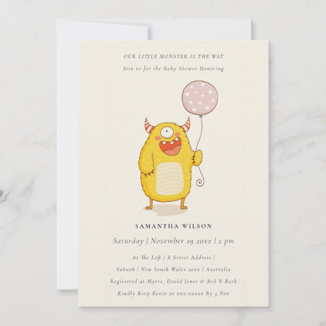 Cute Little Pink Yellow Monster Baby Shower Invite (Front)