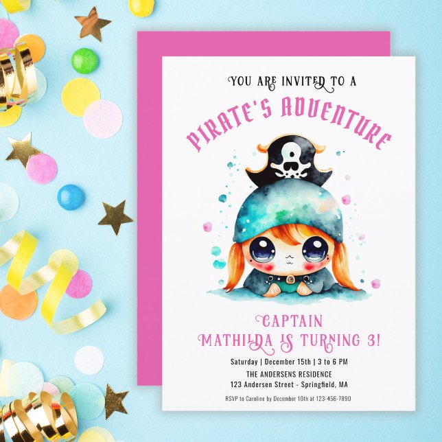Cute Little Pirate Girl Pink Birthday Party Invitation (Cute Little Pirate Girl Pink Birthday Party Invitation)
