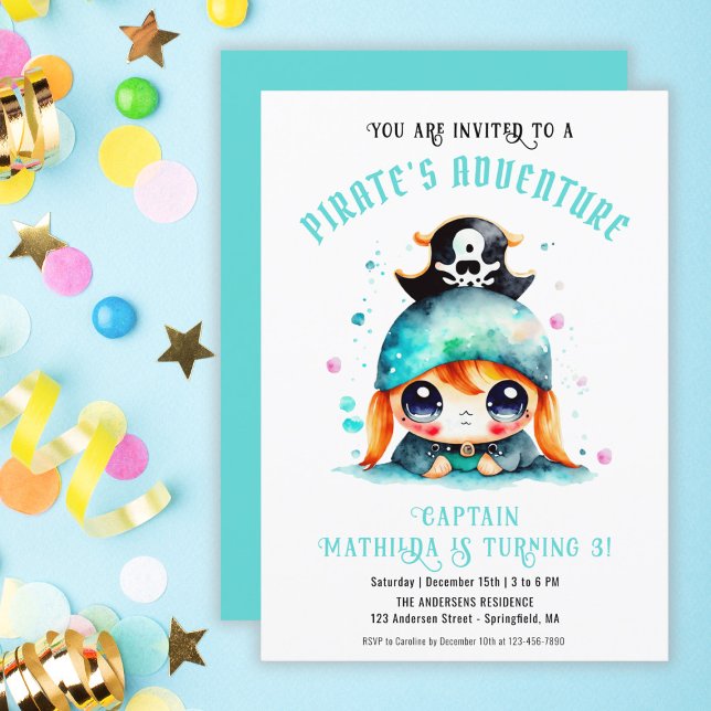 Cute Little Pirate Girl Turquoise Birthday Digital Invitation (Cute Little Pirate Girl Turquoise Birthday Digital Invitation)