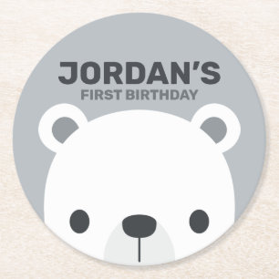 Cute Little Polar Bear Birthday Round Paper Coaster