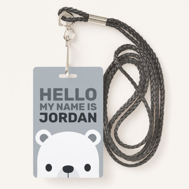 Cute Little Polar Bear with Personalised Name ID Badge (Front with Lanyard)