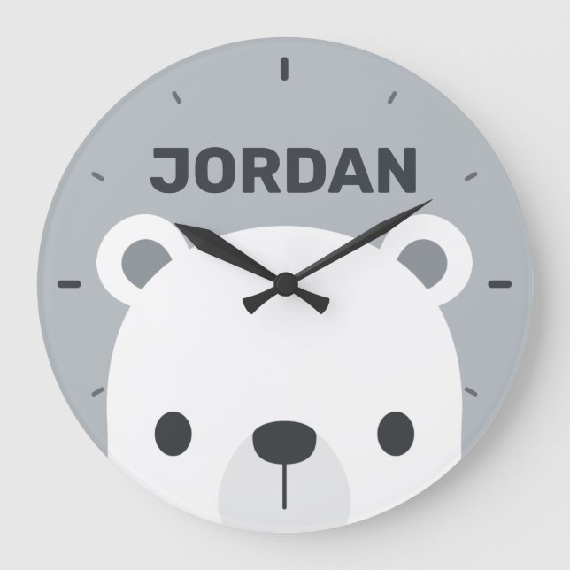 Cute Little Polar Bear with Personalised Name Large Clock (Front)