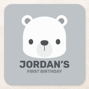 Cute Little Polar Bear with Personalised Name Square Paper Coaster