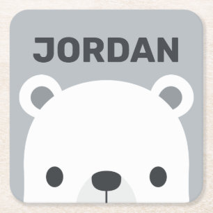 Cute Little Polar Bear with Personalised Name Square Paper Coaster