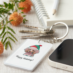 Cute little poodle with a Christmas Hat Key Ring