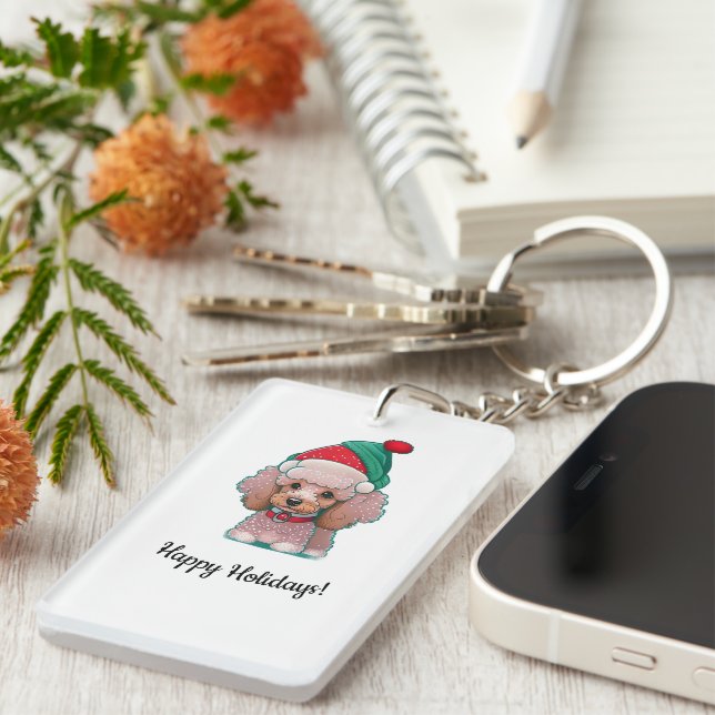 Cute little poodle with a Christmas Hat Key Ring (Front Right)
