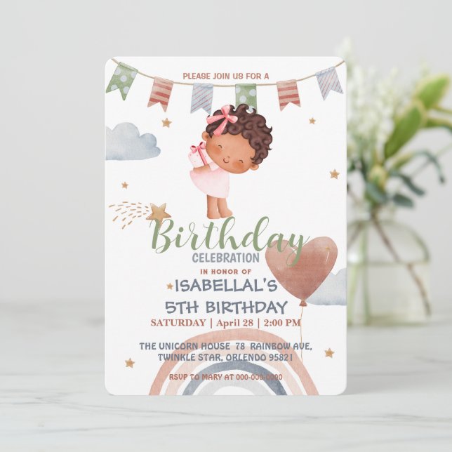 Cute Little princess afro girls Balloon Birthday Invitation (Standing Front)