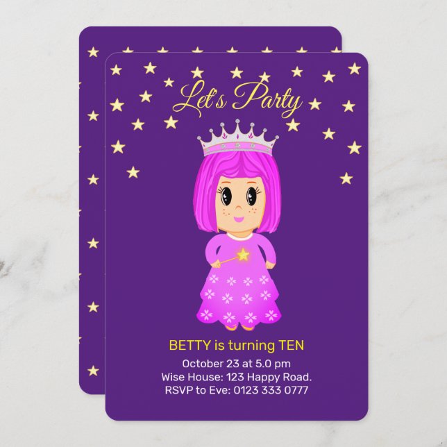 Cute Little Princess & Stars on Royal Purple Invitation (Front/Back)