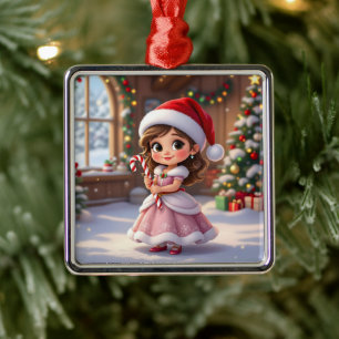 Cute little princess with Christmas hat Metal Ornament