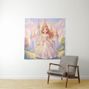 Cute little princess with glitter castle tapestry