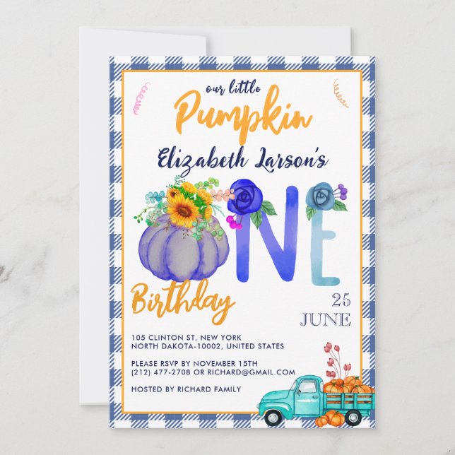 Cute Little Pumpkin Birthday Blue truck theme Invitation (Front)