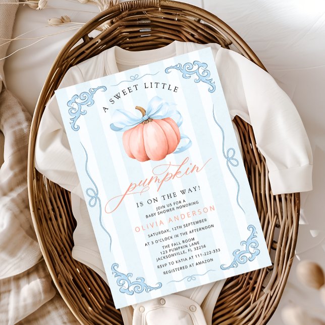 Cute Little Pumpkin Fall Blue Bow Baby Shower Invitation (Creator Uploaded)