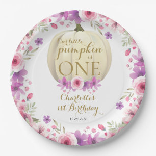 Cute Little Pumpkin Floral 1st Birthday Paper Plate