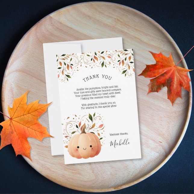 Cute Little Pumpkin on the Way Fall Baby Shower Thank You Card (cute watercolor little pumpkin baby shower
)