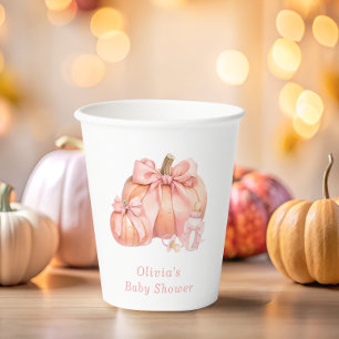 Cute Little Pumpkin Pink Bow Baby Shower Paper Cups