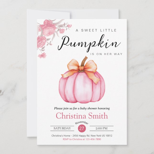 Cute Little Pumpkin Pink Floral Baby Girl Shower Invitation (Front)
