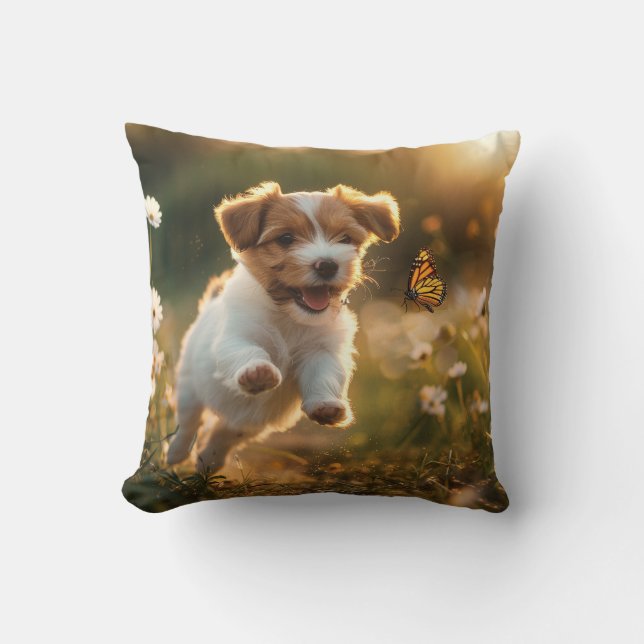 Cute little puppy chasing after a butterfly cushion (Front)