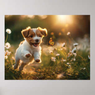 Cute little puppy chasing after a butterfly poster