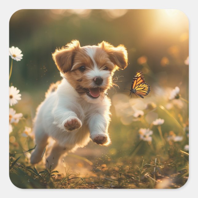 Cute little puppy chasing after a butterfly square sticker (Front)