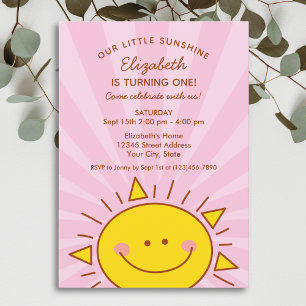 Cute Little Ray of Sunshine Pink Baby 1st Birthday Invitation