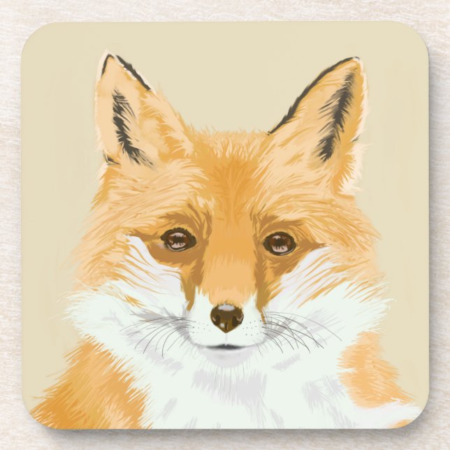 Cute Little Red Fox - transparent on beige. Coaster (Front)